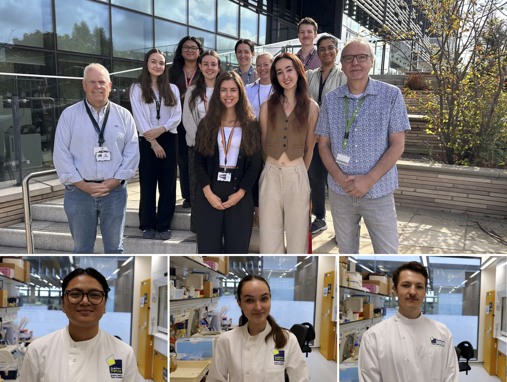 A group of researchers and students outside, above three portraits of the summer bursary students in the laboratory